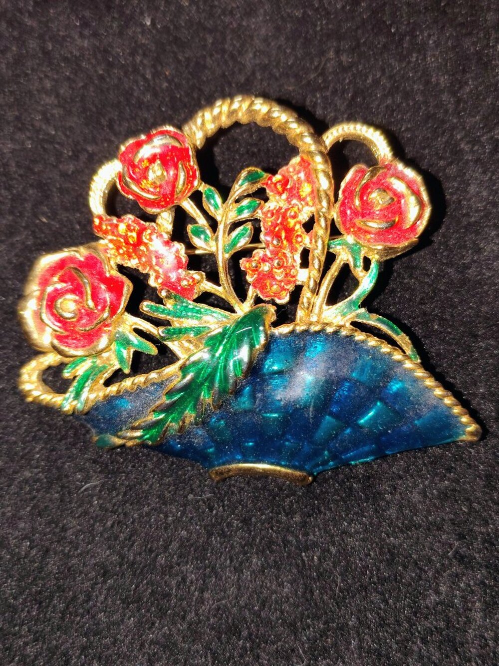 intage Gold‑Tone Enamel Flower Basket Brooch • Mid‑Century Floral Pin